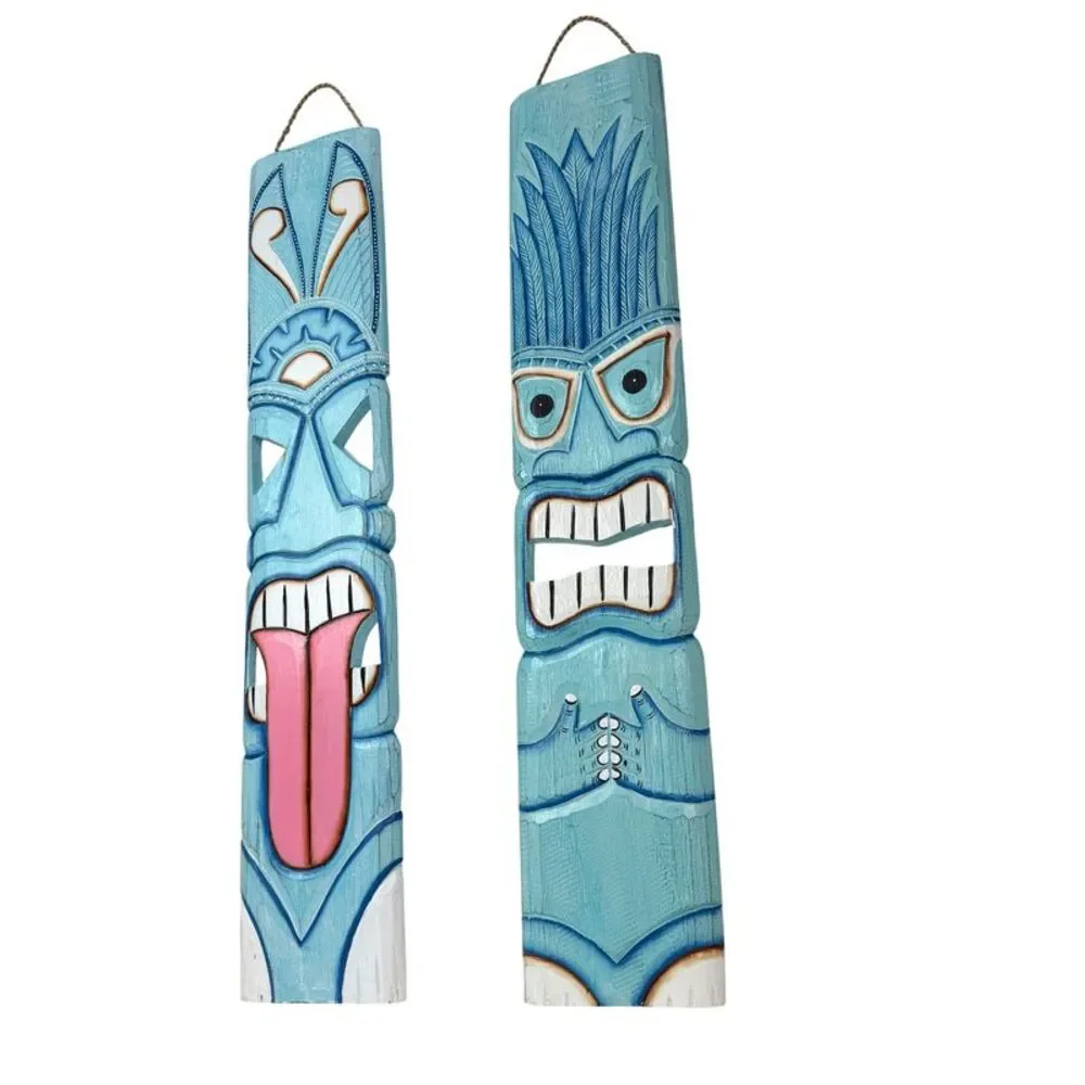 Set of 2 Aqua Tiki Wall Plaques Hand Carved Wood 39 Inch Tall Coastal Decor